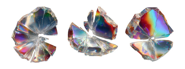Iridescent Crystal Fragments on Transparent Background with Colorful Reflections