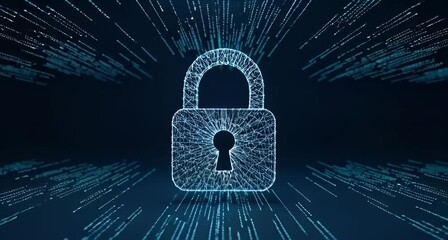 Digital padlock icon made of glowing blue lines on a dark background with abstract data streams animated 4k video - Powered by Adobe