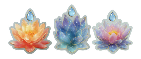 Colorful Isolated Lotus Flowers with Water Droplets on Transparent Background