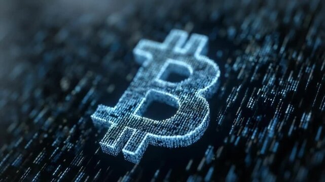 Bitcoin logo made of glowing blue digital lines and circuitry against a dark tech background.