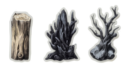 Detailed Collection of Isolated Artistic Tree and Wood Elements on Transparent Background
