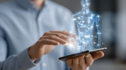 A holographic virtual assistant emerges from a smartphone, showcasing advanced voice technology, interactive communication, and innovations in smart living.