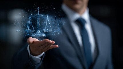 A judge employs an AI-based jurisprudence engine that visualizes case outcomes holographically, reflecting advanced analytics, fairness, and the evolution of digital law.