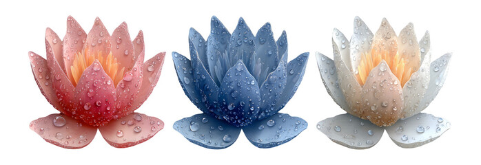 Elegant Water Lilies in Pink, Blue, and White with Water Droplets on Transparent Background