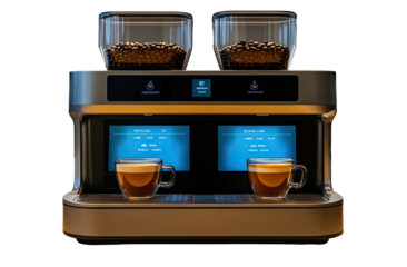 Sleek espresso maker with two clear hoppers and cups of coffee