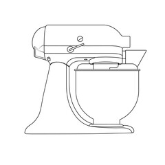 Minimalist line art of a stand mixer. Simple black outline illustration for kitchen, baking, cooking, or appliance design projects.