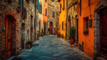 Fototapeta premium Charming cobblestone alleyway with vibrant buildings and warm sunlight.