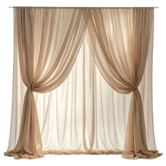 Light-filled image of flowing, sheer beige fabric curtains, tied back