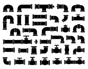 A collection of black silhouettes of pipe fittings. Various elbows, connectors, straight sections, and valves are depicted in a grid