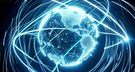 Abstract digital globe with orbiting light trails, representing global connectivity, data transfer, and technological advancement in a futuristic style animated 4k video - Powered by Adobe