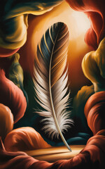 Single feather with intricate details surrounded by abstract swirling colorful forms quill bird feather