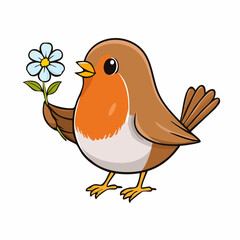 Fototapeta premium Sweet Robin with Flower: A cheerful robin, adorned with a vibrant orange breast and charmingly holding a delicate blue and white flower, offers a whimsical invitation to embrace the beauty of nature.