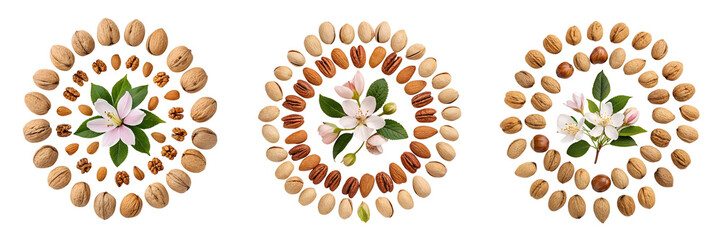 Set of Round nut arrangement with flower top view isolated on a transparent background
