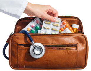 Doctor’s Hand Opening Medicine Bag to Reveal Supplies, Side Angle, isolated