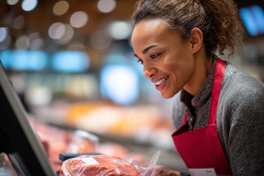 A woman is smiling while shopping for meat at a grocery store