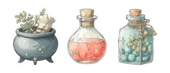 Colorful Jars and Cauldron with Herbs on Transparent Background in Hand Drawn Style