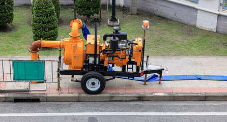 The Mobile Water Pump or Water pump trailer stand by for Flood management In the suburbs.