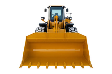 construction equipment, yellow excavator, digger, bulldozer, front view on transparent background