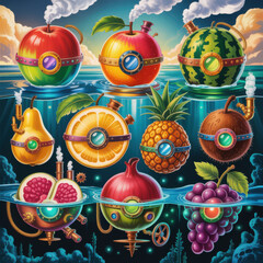 Steampunk fruits and watermelon in water with clouds and steam apple pear