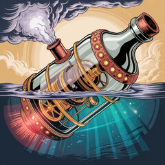 Steampunk submarine bottle with gears and smoke in water clockwork