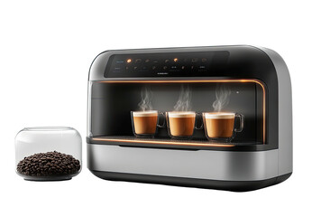 Sleek machine serving three steaming cups, with beans nearby