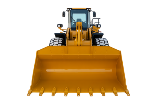construction equipment, yellow excavator, digger, bulldozer, front view on transparent background
