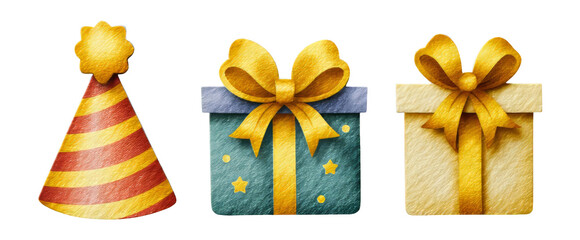 Colorful Birthday Hat and Gift Box Collection with Bow on Transparent Background