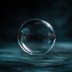 Transparent Soap Bubble Floating Above Water Surface with Reflections.