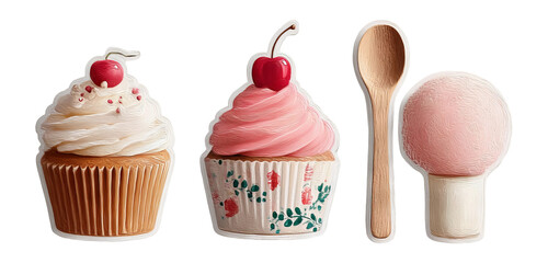 Delicious Cupcakes and Ice Cream with Cherry on Top in a Transparent Background
