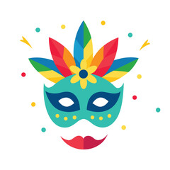 Colorful Brazilian Carnival Masks with Feathers and Confetti on White Background