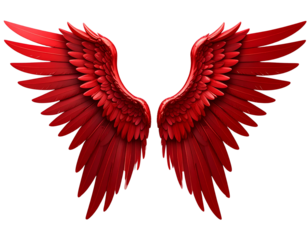 3d fantasy red angel wings, front view and side view, Transparent background PNG