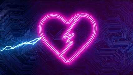 Glowing neon heart with crack and electricity lines on dark circuit board - Powered by Adobe