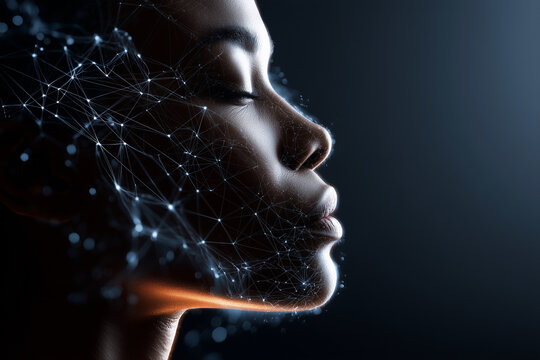 A woman's face is shown in a black background with a lot of lines and dots