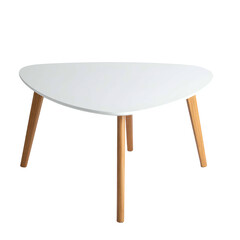 White, half-circle tabletop on angled wooden legs, simple modern design, isolated on black