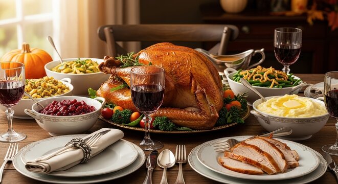Delicious Thanksgiving Feast with Roasted Turkey and Seasonal Side Dishes