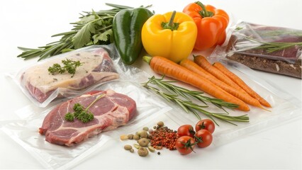 Fresh ingredients for a healthy meal preparation with meat and vegetables