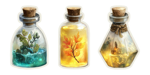 Artistic Glass Bottles with Nature Elements in Vibrant Colors and Shapes