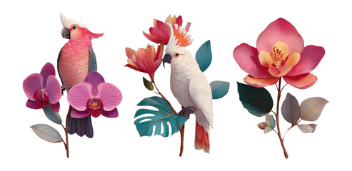 Colorful Isolated Birds and Orchids on Transparent Background for Art Projects