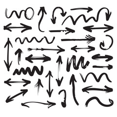 Hand Drawn Black Brush Arrows Set – Grunge Ink Directional Arrow Icons Isolated on White Background