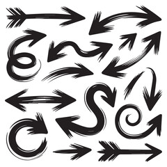 Hand Drawn Black Brush Arrows Set – Grunge Ink Directional Arrow Icons Isolated on White Background