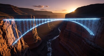 Futuristic Neon Arch Bridge Spanning Grand Canyon at Sunset, Illuminating Vast Gorge.