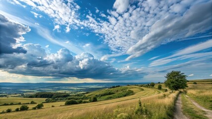 Fototapeta premium Dramatic sky over rolling hills and countryside path