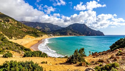 A scenic view of a sandy beach nestled between green hills and a rocky mountain, under a partly cloudy blue sky. The turquoise ocean gently rolls onto the shore