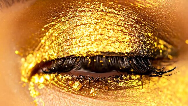 Close-up of a Womans Eye with Golden Glitter Eyeshadow and Eyelashes.