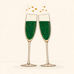 Celebration of love with two filled champagne glasses for an engaged couple on St. Patrick’s Day