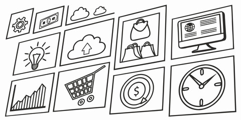 A whimsical cartoon doodle set of laundry icons, symbols, and signs for a vector illustration collection