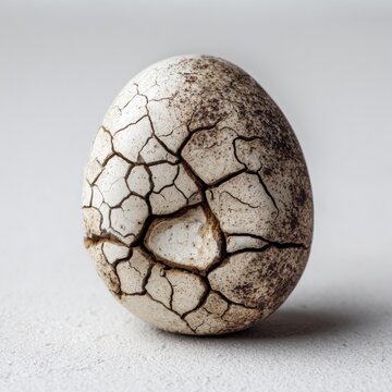 A cracked eggshell rests on a textured surface, showcasing a network of fissures and dirt