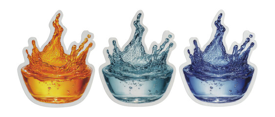 Vibrant Splashes of Liquid in Three Bowls with a Transparent Background