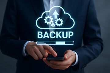 Backup concept, Online digital data storage and connection service. Businessman using smartphone with backup status bar for data backup management.