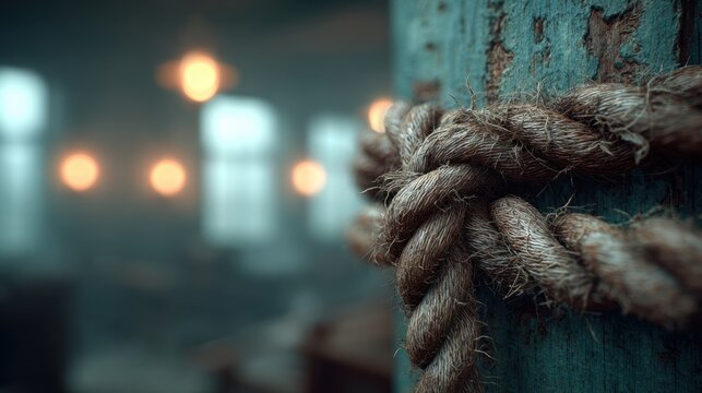 Thick Nautical Rope Tied to a Weathered Blue Wooden Post in a Dimly Lit Setting with Bokeh Lights